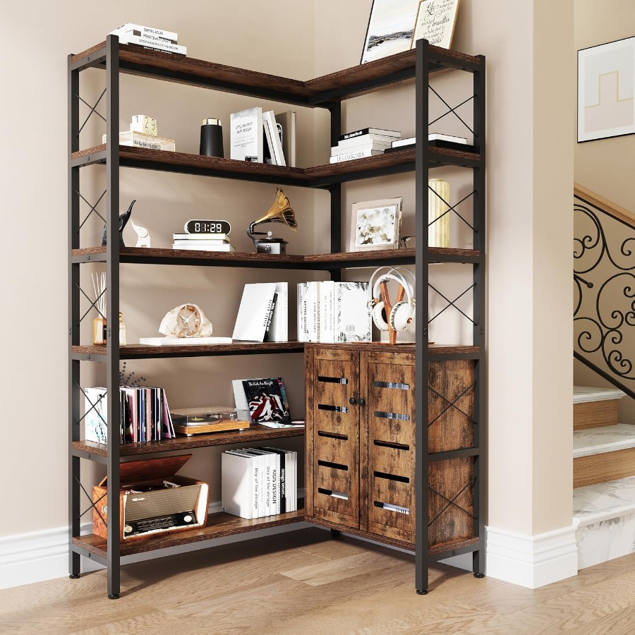 Storage - ชั้นวางหนังสือแบบมุม 6 ชั้น สำหรับห้องนั่งเล่น โครงโลหะหุ้มด้วยไม้จริง สีดำ