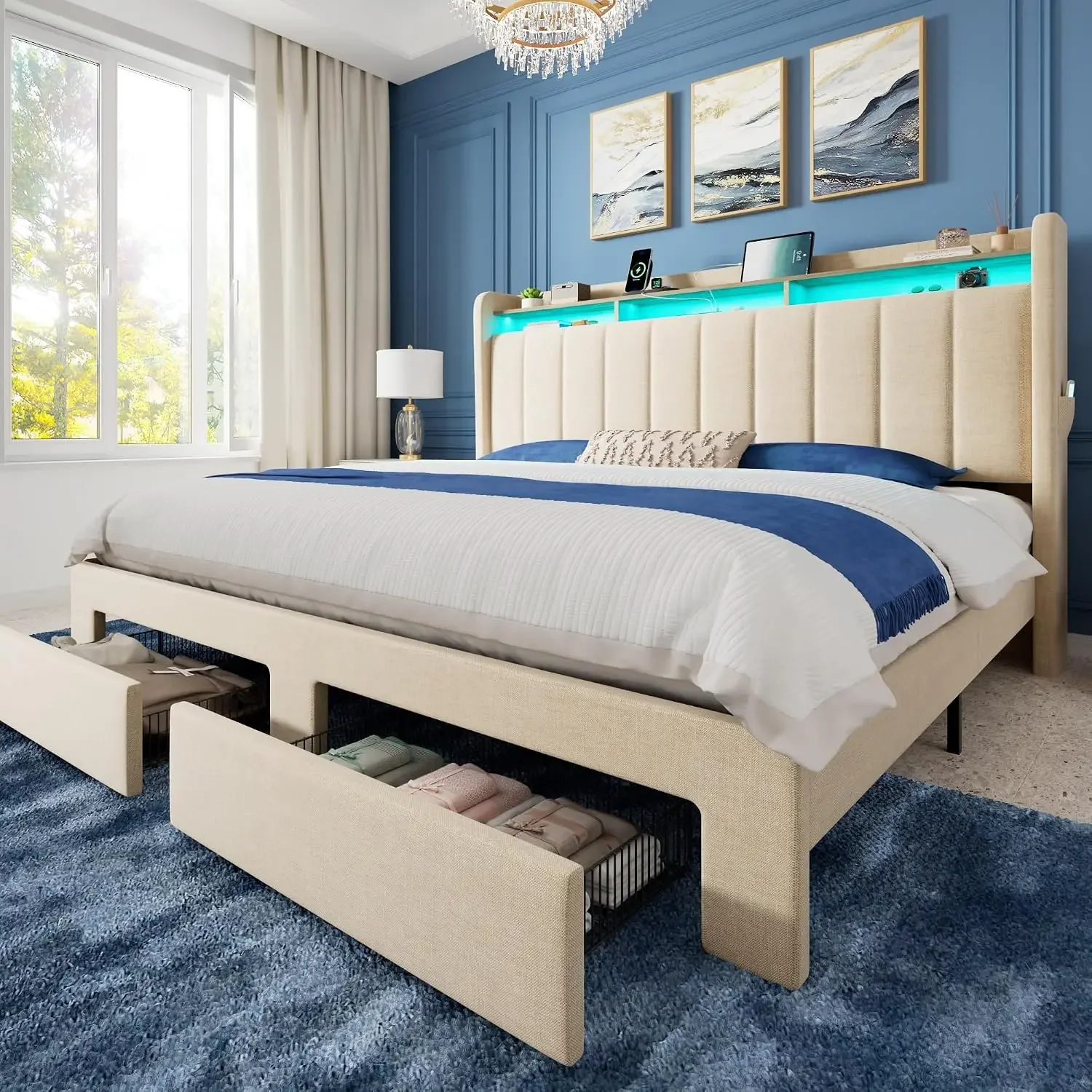 King Size Bed Frame With Storage Drawers - โครงเตียงขนาดคิงไซส์ พร้อมหัวเตียงแบบมีชั้นวางของ 2 ชั้น และลิ้นชักขนาดใหญ่ 2