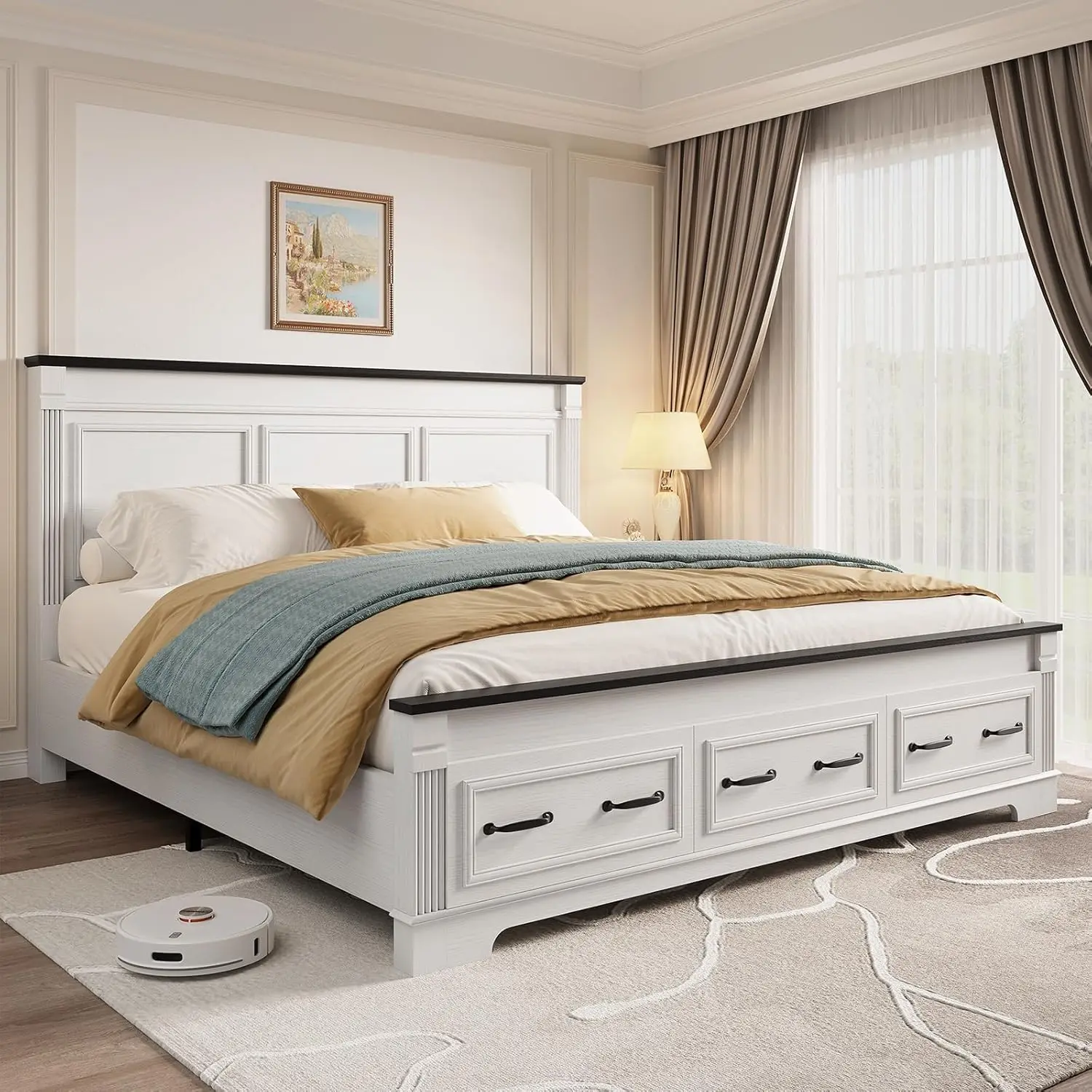 King Size Bed Frame With Storage Drawers - โครงเตียงขนาดคิงไซส์สไตล์ฟาร์มเฮาส์ พร้อมหัวเตียงและช่องเก็บของ, เตียงแพลตฟอร์ม หัวเตียงสูง 51 นิ้ว