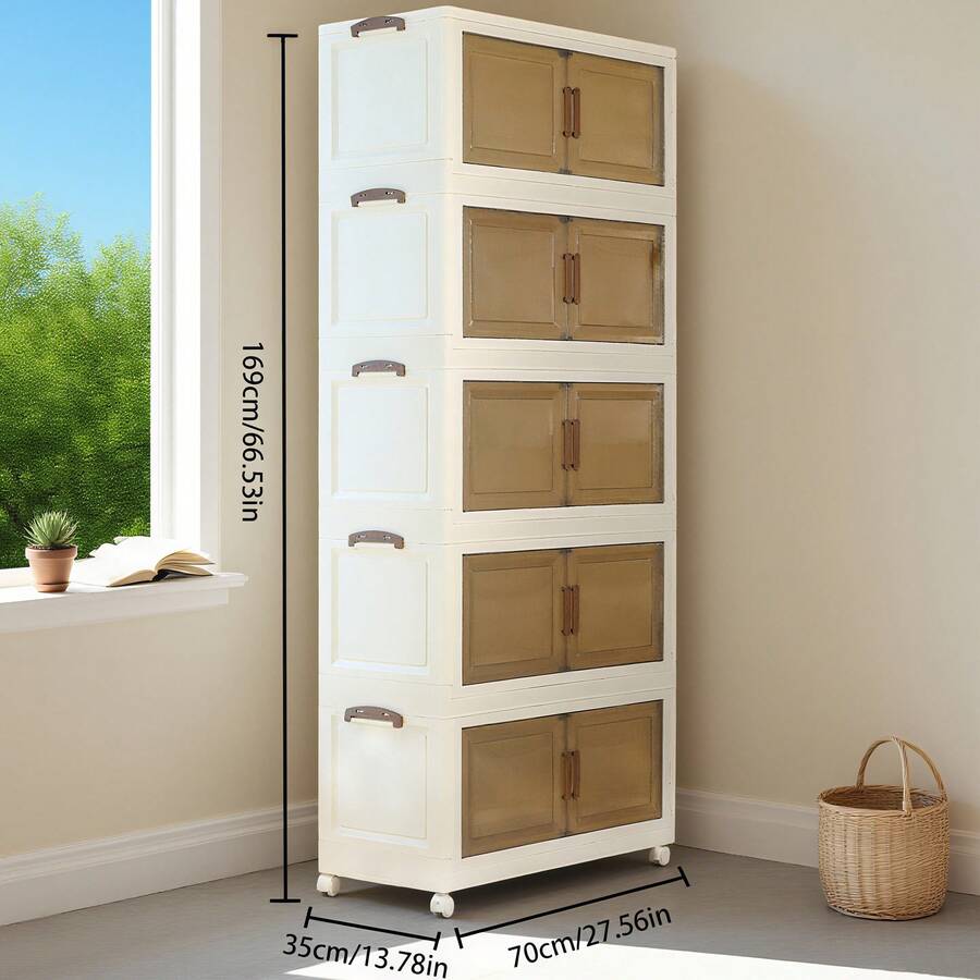 Storage - ตู้เก็บของแบบพับได้และวางซ้อนกันได้ ประกอบง่ายโดยไม่ต้องใช้เครื่องมือ ตู้จัดระเบียบแบบแยกส่วนหลายชั้น ความจุขนาดใหญ่ พร้อมล้อ