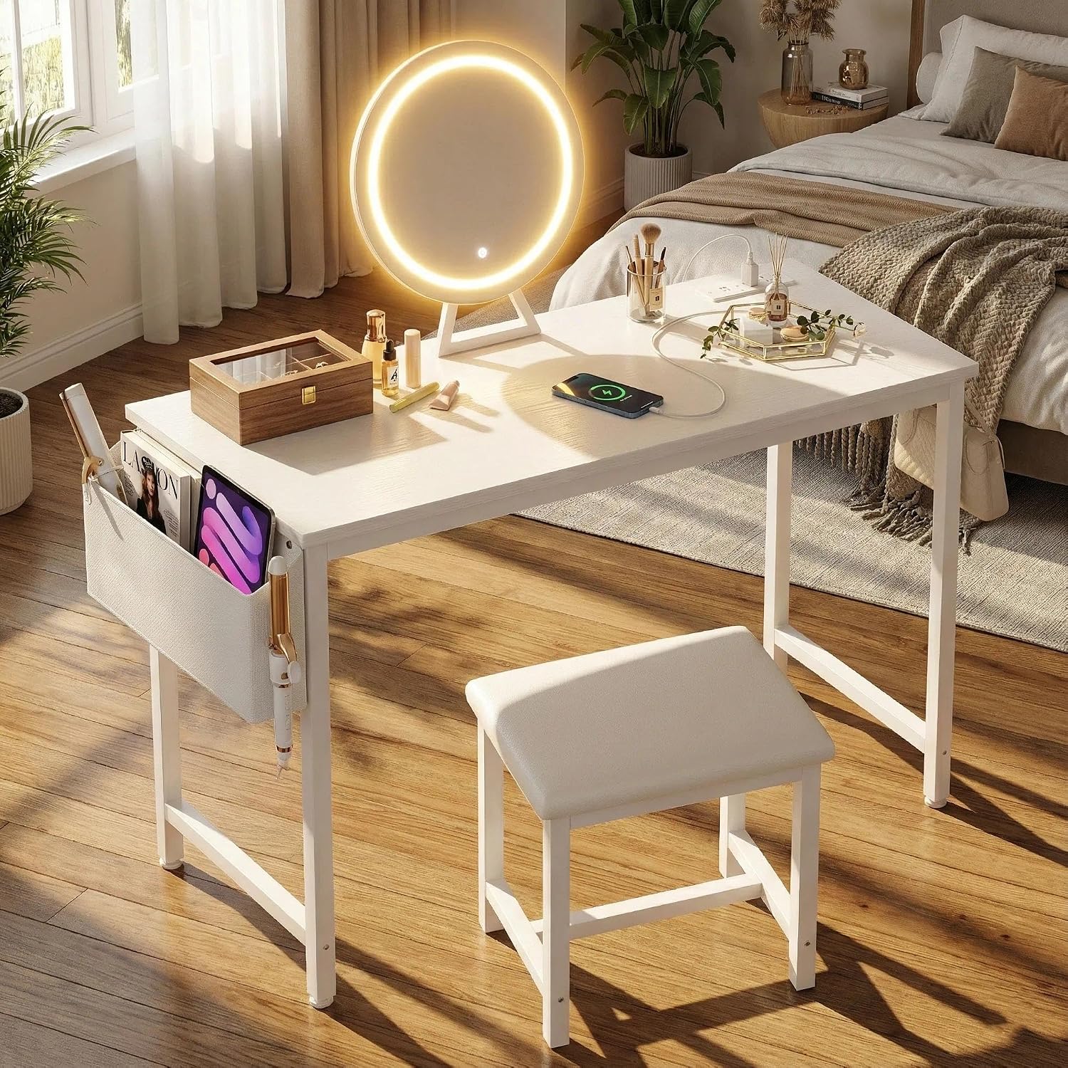 Dressing Table Vanity With Lighted Mirror - ชุดโต๊ะเครื่องแป้งสำหรับเด็กผู้หญิง ราคาประหยัด พร้อมกระจกและเก้าอี้ มีไฟและปลั๊กไฟ สีขาว เหมาะสำหรับห้องนอนเด็ก