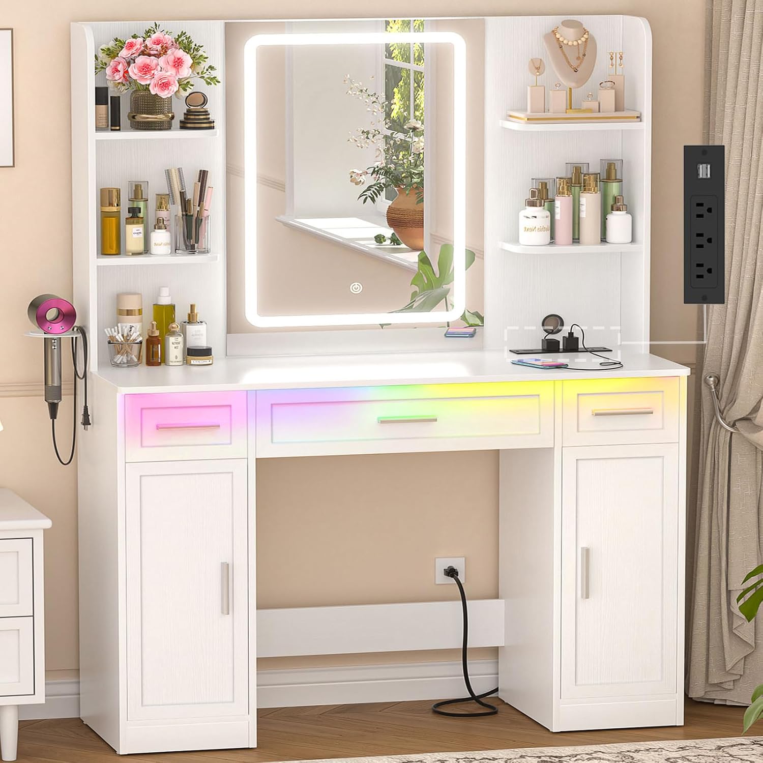 Dressing Table Vanity With Lighted Mirror - โต๊ะเครื่องแป้งสีขาวพร้อมกระจกมีไฟและลิ้นชัก โต๊ะแต่งตัวในห้องนอน ขนาด 41.3 นิ้ว สามารถปรับแต่งได้