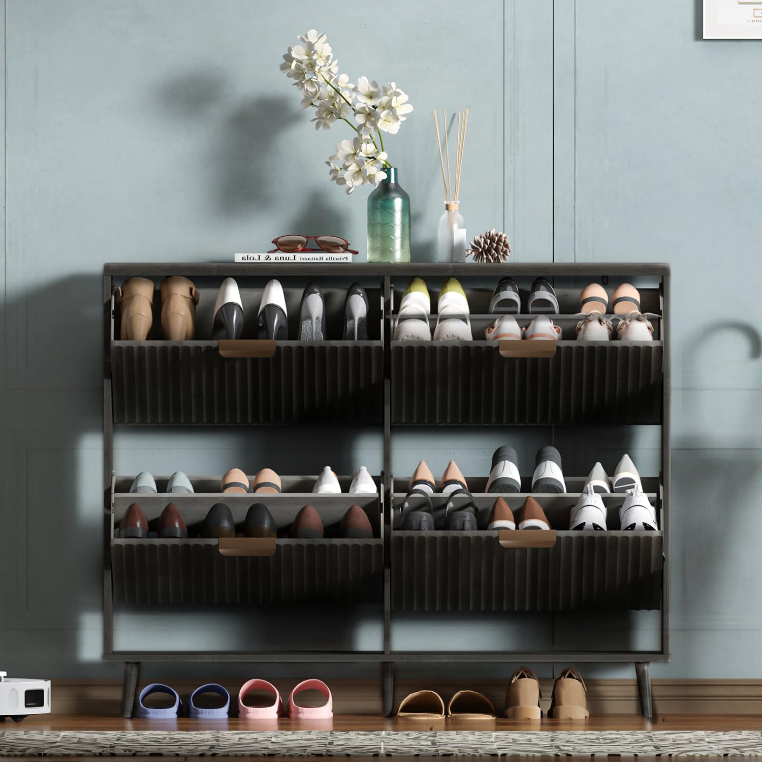 Shoe Rack Cabinet Narrow Entryway - ตู้เก็บรองเท้า ตู้จัดระเบียบแบบตั้งพื้นสไตล์โมเดิร์น พร้อมลิ้นชักแบบเปิด-ปิด 4 ช่อง ตู้เก็บรองเท้าทรงแคบสำหรับวางในทางเข้าบ้าน