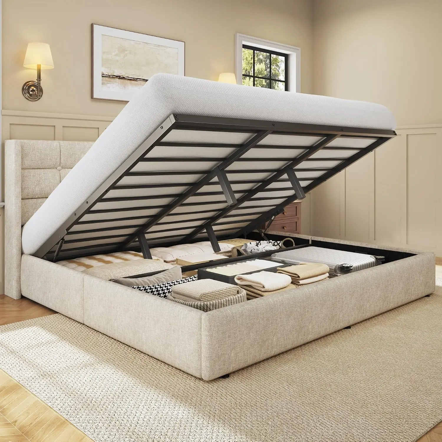 Gas Lift Storage Bed Hydraulic - เตียงยกเก็บของขนาดคิงไซส์, เตียงแพลตฟอร์มหุ้มผ้าลินินพร้อมหัวเตียงแบบมีปีกด้านหลัง, ระบบยกไฮดรอลิกแบบใช้แก๊สที่แข็งแรงทนทาน
