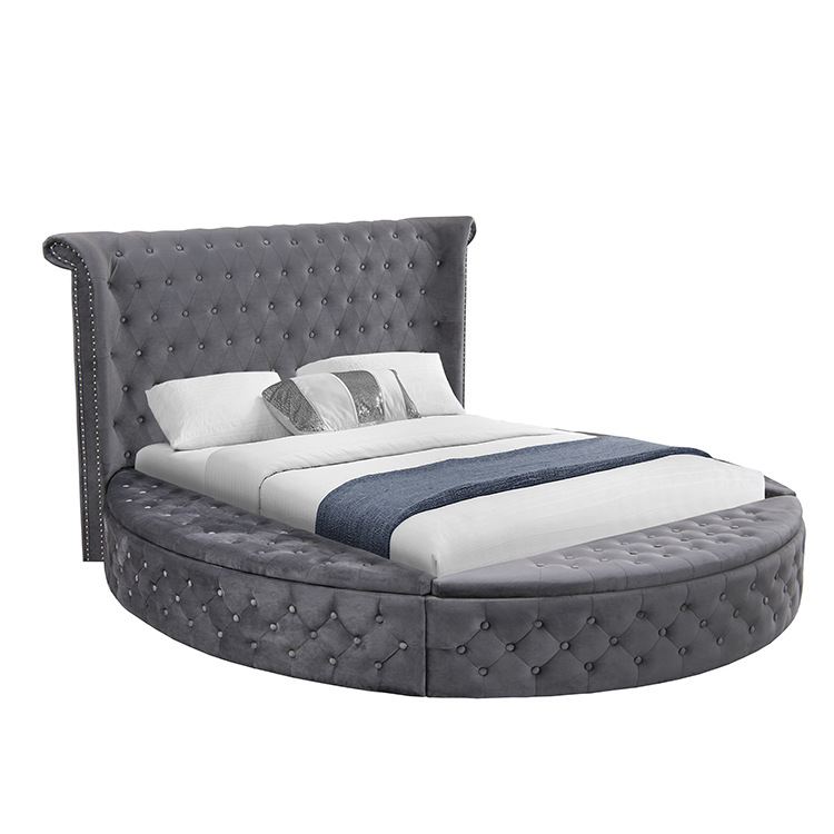 King Size Bed Frame With Storage Drawers - โครงเตียงหุ้มเบาะขนาดคิงควีนไซส์สำหรับขาย สไตล์โมเดิร์น สวยงาม หุ้มด้วยผ้าแบบทัฟท์ ทรงกลมขนาดใหญ่ พร้อมลิ้นชักเก็บของ