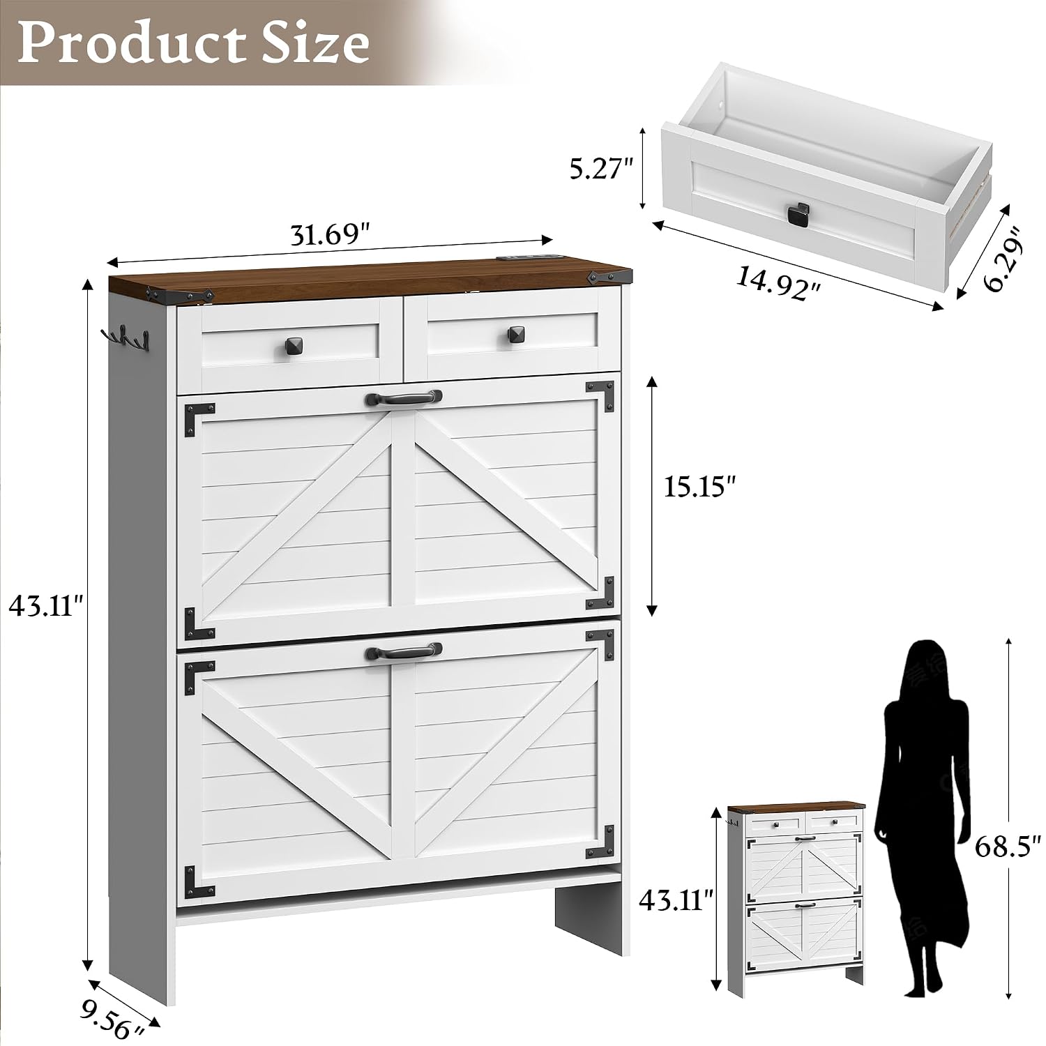 Shoe Rack Cabinet Narrow Entryway - ตู้เก็บรองเท้าพร้อมระบบควบคุมกลิ่นและแผ่นด้านหลัง, ตู้เก็บรองเท้าแบบแคบสไตล์ฟาร์มเฮาส์สำหรับวางในบริเวณทางเข้า, ผลิตตามสั่ง