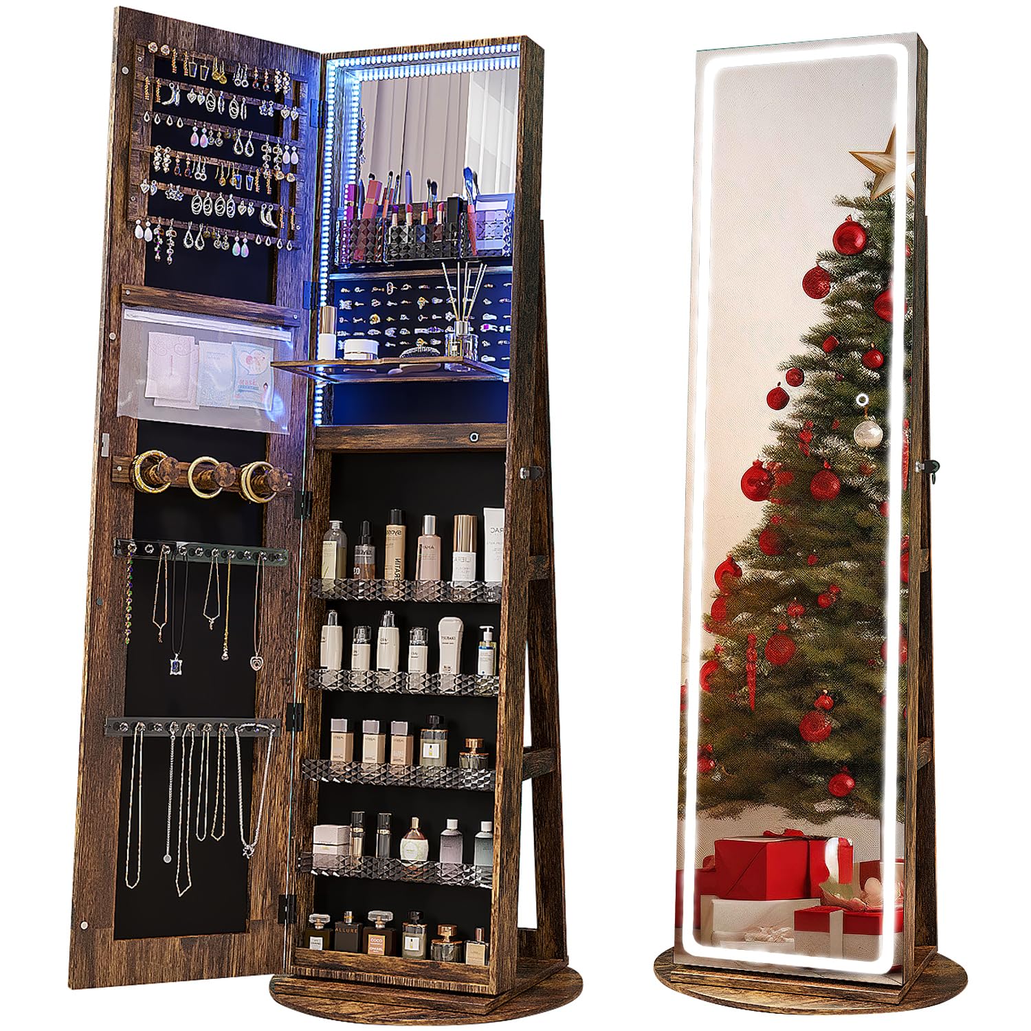 Full Length Mirror Jewelry Armoire - ตู้โชว์เครื่องประดับพร้อมกระจก LED หมุนได้ กระจกเต็มตัวพร้อมช่องเก็บของ