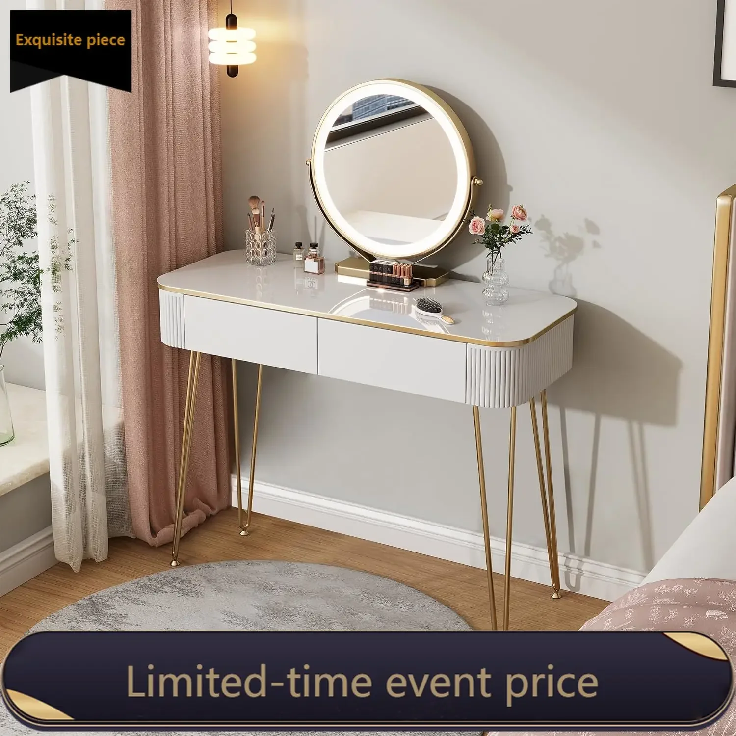 Dressing Table Vanity With Lighted Mirror - โต๊ะเครื่องแป้งขนาดเล็กขายดี พร้อมกระจกและไฟ โต๊ะเครื่องแป้งสีขาวและสีทอง ขนาด 39 นิ้ว