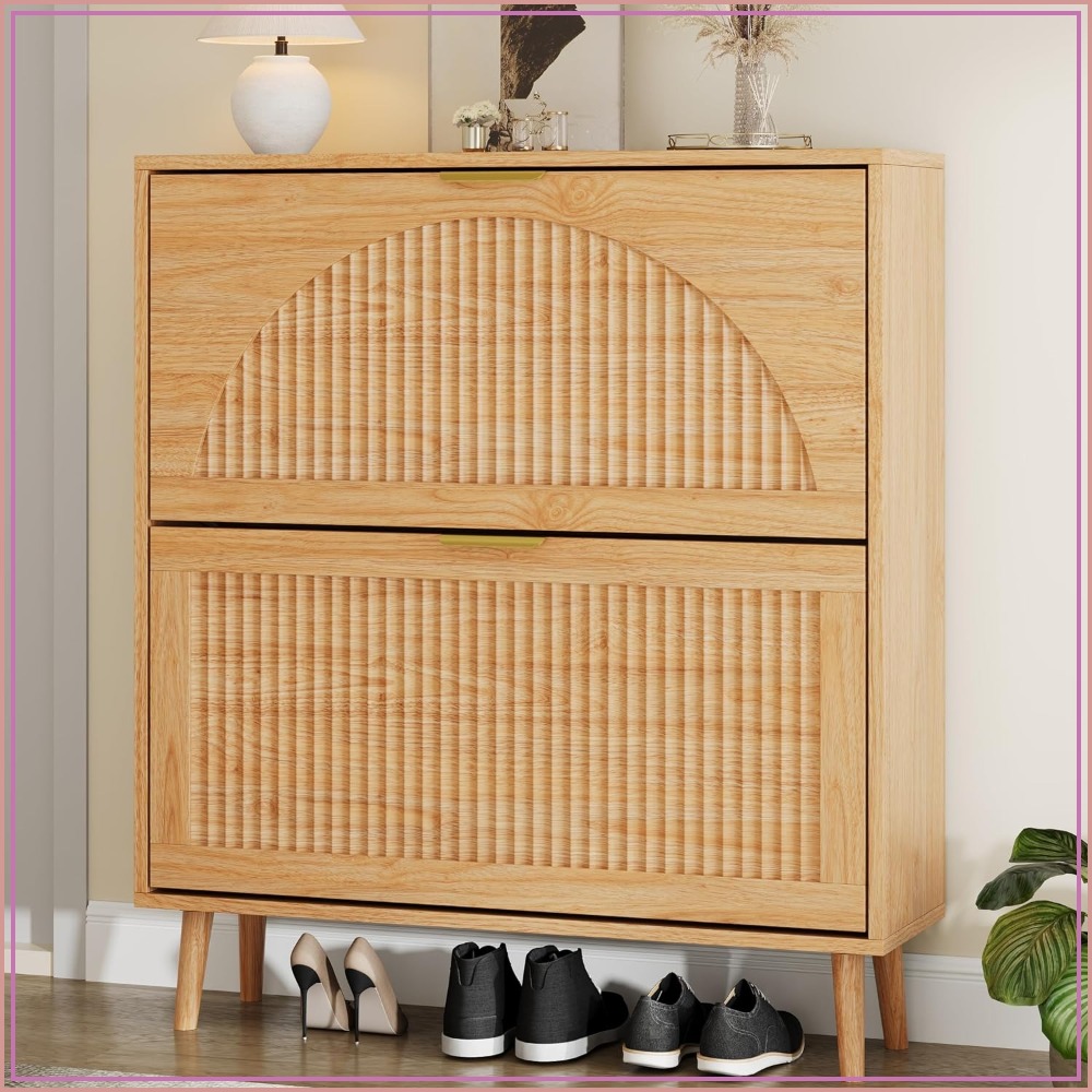 Shoe Rack Cabinet Narrow Entryway - ตู้เก็บรองเท้าแบบลิ้นชัก 3 ชั้น ตู้จัดระเบียบไม้ทรงแคบ แผงลายร่อง ชั้นวางทรงเพรียว