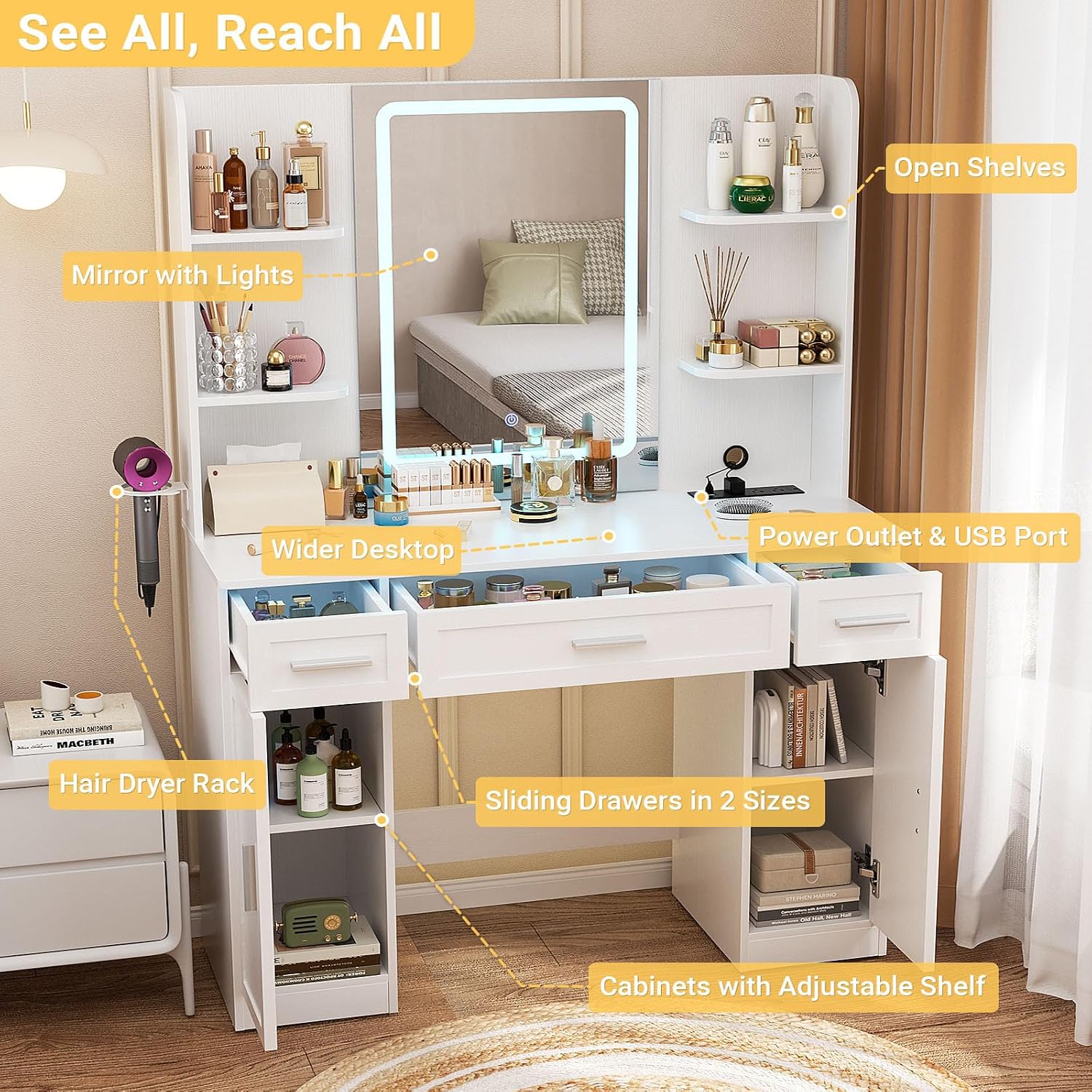 โต๊ะเครื่องแป้งสีขาวพร้อมกระจก - Dressing Table Vanity With Lighted Mirror บทวิจารณ์และราคา