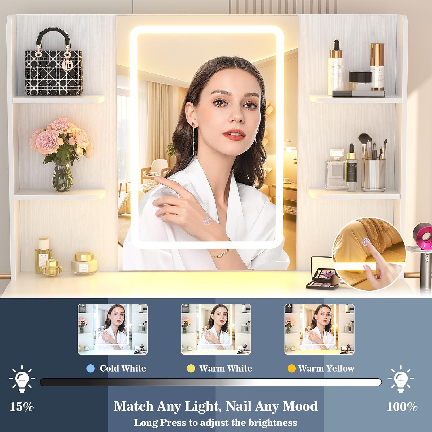โต๊ะเครื่องแป้งสีขาวพร้อมกระจก - Dressing Table Vanity With Lighted Mirror บทวิจารณ์และราคา